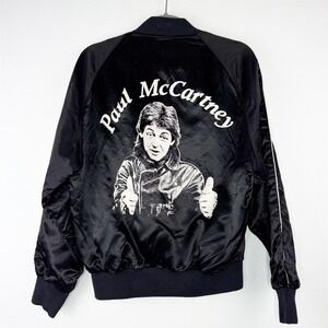 Mens Paul McCartney Graphic Bomber Jacket Black Satin Vintage Style